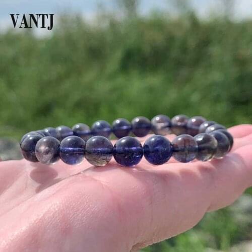 VANTJ Real Natural Blue Dichroite Cordierite Iolite Gemstone Stretch Bracelet for Women Charm Crystal Party Gift Bead Bracelet
