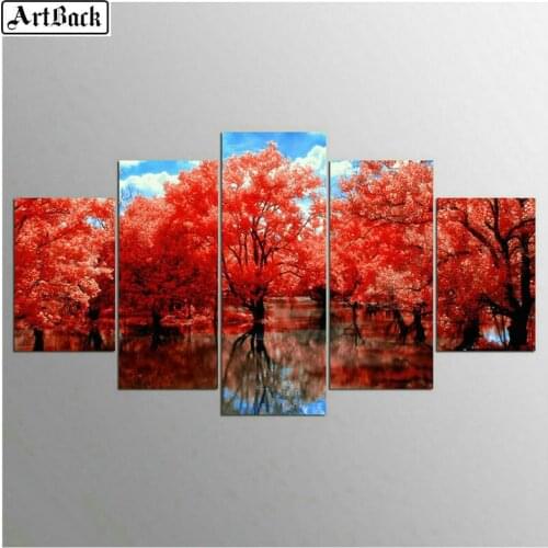 ArtBack Five Spell Diamond Painting Red Tree 5d Full Square / Round Diamond Mosaic Autumn Scenery Living Room Decoration