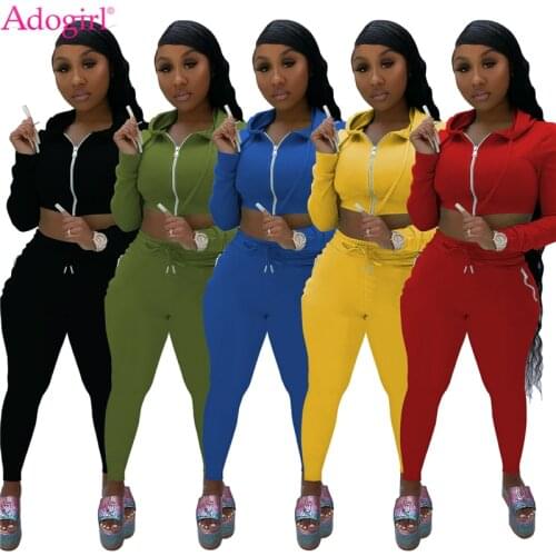 Adogirl Women Solid Casual Jogging Two Piece Set Long Sleeve Hooded Sweatshirts Crop Top Pencil Pants Female Tracksuit Outfits