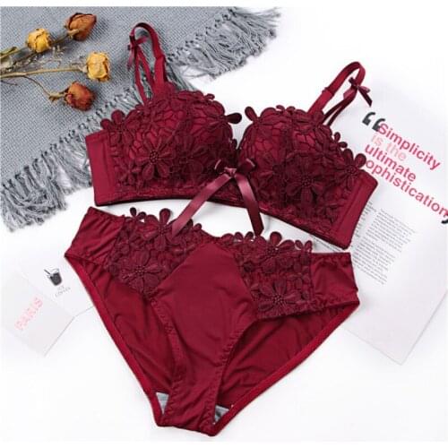 Women Oriental Lace Bra Sets Sexy Padded Push Up Lace Bras Cotton Crotch Low Waist Lace Panties Suits