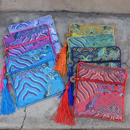 Square Seawater Silk Brocade Jewelry Pouch Zipper Wedding Favor Bags Tassel Chinese Storage Pouch Party Gift Packaging Bags 10pc