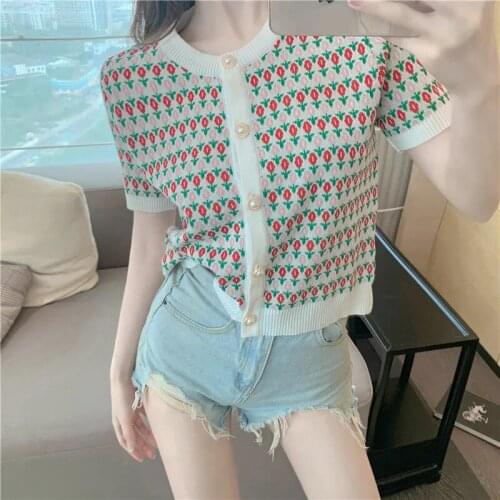 Summer Knitted T-Shirt Sweet And Cute Color Matching Embroidery Fashion Loose Thin T-Shirt Women O-Neck Short-Sleeved Cardigan