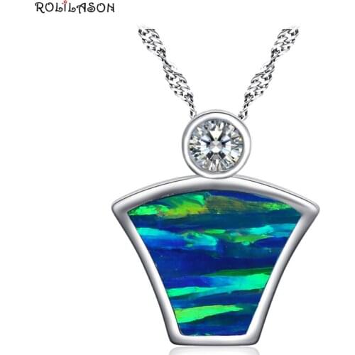 ROLILASON Hot Selling For Girl Blue with Green Fire Opal Silver Color Stamped Necklace Pendant Fashion Jewelry OP790