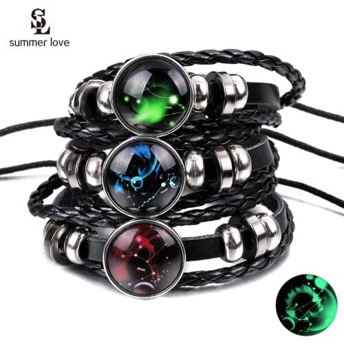 New 12 Constellation Luminous Bracelets Multilayer Leather Bracelet Charm Bracelets for Men Boys Women Jewelry Birthday Gifts