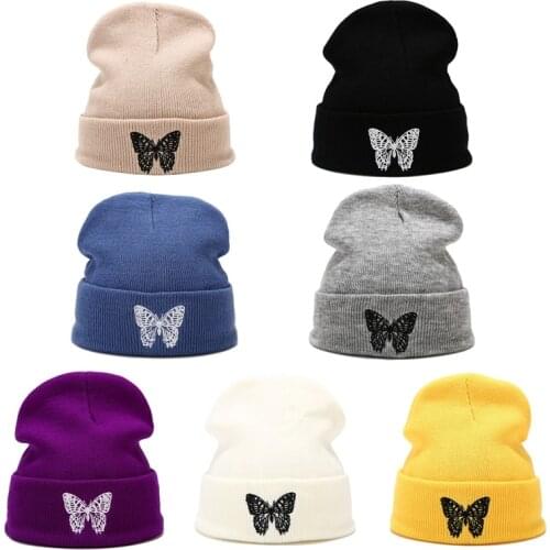 Fashion Winter Knitted Beanie Hats Butterfly Embroidery Warm Ski Womens Hat Outdoor Skullies Caps Soft Cap Bonnet Men Women