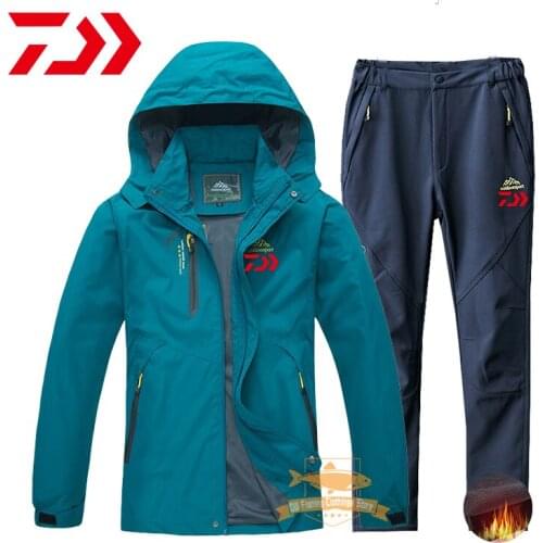 2021 Daiwa Men Fishing Jacket Autumn Winter Waterproof Warm Plus Velvet Hooded Suit Outdoor Sport Camping Hiking Fishing Suits