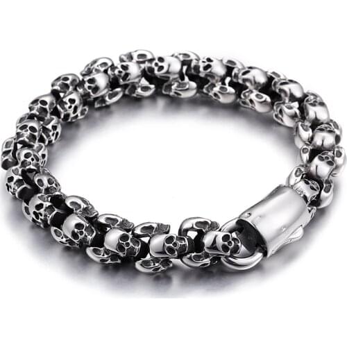 Fate love Hot selling Biker Skeleton Bracelet 8.86'' 12mm Vintage Stainless Steel Gothic Skull Link chain Bracelet for Mens