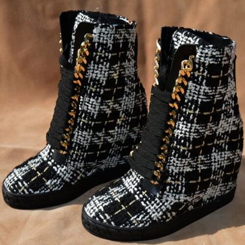 New Multi Knitted Woolen Cloth Women Height Increasing Ankle Boots Ladies Metal Chains Lace Up Boots Casual Style Spring Boots