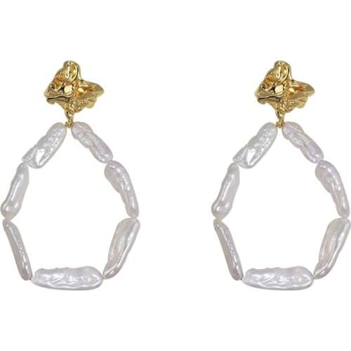 New Elegant French Romantic Aura Gold Foil Floral Natural opposite Sex Baroque Pearl Earrings