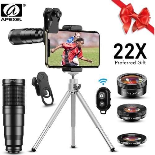APEXEL New 4in1 22X Telescope zoom Lens Macro Wide Fisheye Lens HD Phone Camera Lens Kit With Remote Tripod for iPhone Samsung