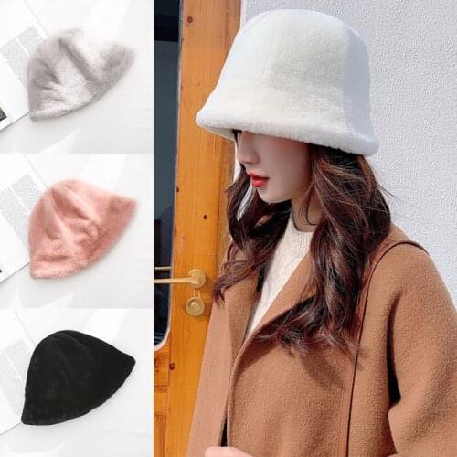 1PC Solid color Ski Hats Winter Bucket Hat Thick Plush Women Fisherman Cap Plus Velvet Elegant Warm Caps