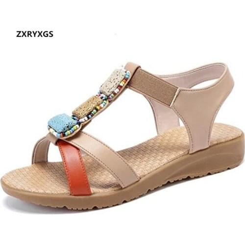 2021 Summer Beautifully Decorated Genuine Leather Sandals Summer Womens Sandals Flat Soft Sole Non-slip Wear Tide Shoes Sandals