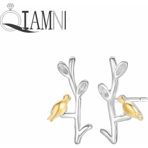 QIAMNI Lovely Animal Yellow Birds Tree Stud Earrings Girls Hipster Branch Bird Earring Lover Birthday Gift Female Brincos Bijoux