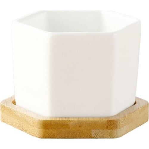 Six-Sided Ceramic Pot Succulent Flowerpot Set With Bamboo Support For Desktop Office Decoration