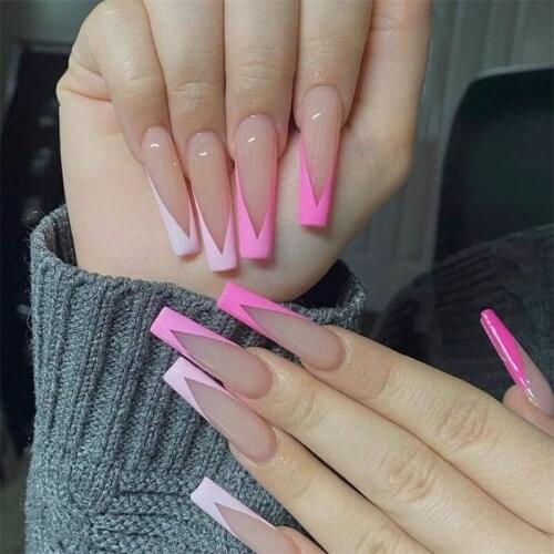 Mixed Ombre Pink Color French Coffin Long Press on Nude Fake Nails W018