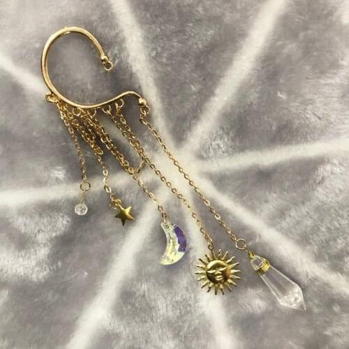 Glass crystal star and moon sun earmuffs cuffs / bridal accessories / witchcraft non-piercing holiday wedding gothic earrings