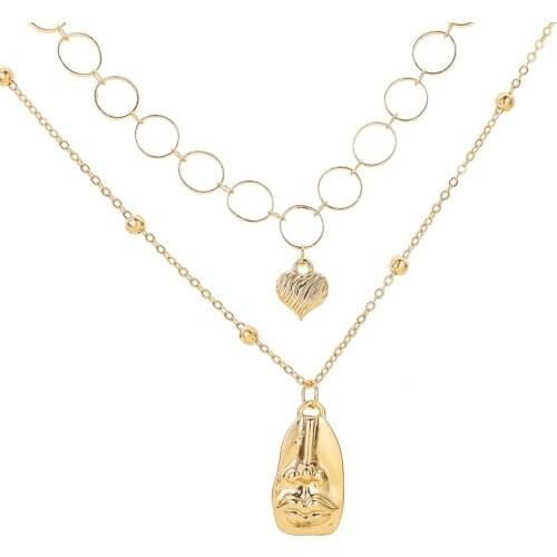 Stylish Circle Heart Choker Necklace Double Layers Gold Color Chain Necklace Creative Face Graph Pendant Necklace For Women