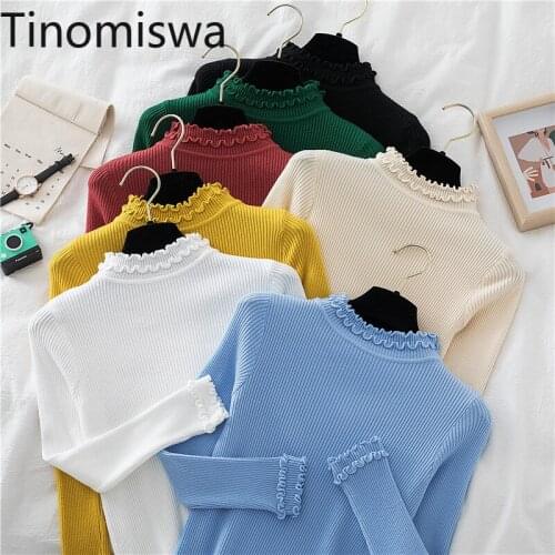 Tinomiswa Fungus Edge Half Turtleneck Sweater Women Slim Fit Long Sleeve Casual Pullover Jumpers Solid Color New Chic Pull Femme