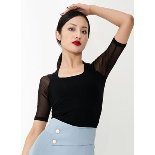 Latin Dance Tops Women Square Collar Mesh Sleeve Summer Base Practice Wear ChaCha Tango Dance Prom Performance Wear YS2217