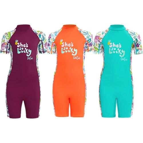 UPF 50+ Kids One-Piece Swimsuit Zipper Swimwear Girl Solid Short Wetsuit
