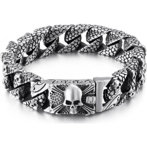 European Retro Black American Personality Scales Punk Gothic Rock Party Domineering Skull Stainless Steel Men Bracelet 22cm