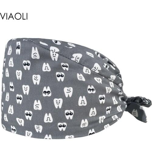 VIAOLI Beautician working cap cartoon tooth printing Caps men and women pet club dustproof work hats scrubs caps sweat-absorbent
