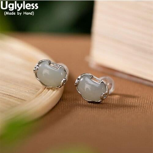 Uglyless Heart-shape Jade Studs Earrings for Women MINI Nature Gemstones Earrings Real 925 Silver Brincos Ethnic Vintage Jewelry