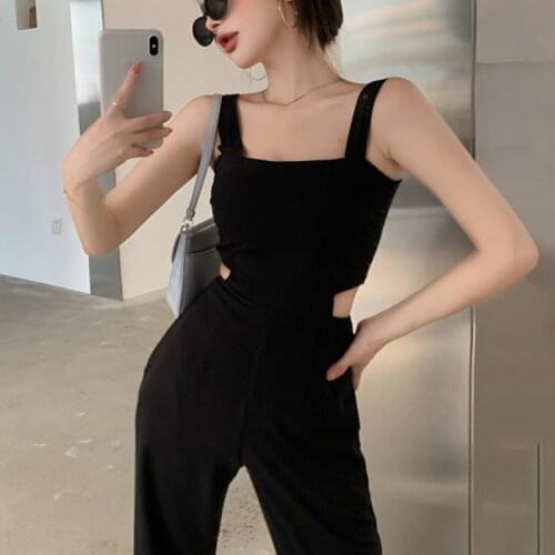 2021 Summer Y2k Korean Elegant Jumpsuits Slim Black High Street Designer Women Outfit Cut Out Chic Casual Beach Party Jumpsuits