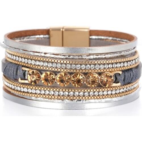 Bohemian Style American Retro Multi-layer Wide-brimmed Womens Crystal Luxury Personality Leather Magnetic Buckle Bracelet