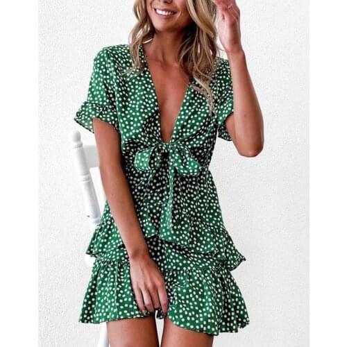 Women Dress Boho Floral Ruffle Short Mini Dress Summer Knot Sexy V-Neck Party Holiday Dress Femme vestido de mujer