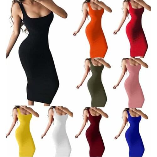 Spaghetti Strap Sexy Bodycon Dress Summer Yellow Green Black Orange Elegant Sleeveless long midi dress club clothes Dress Women