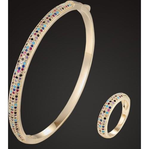 Zlxgirl three line colorful cubic zircon micro pave setting bangle with ring wedding jewelry sets fashion copper jewelry sets