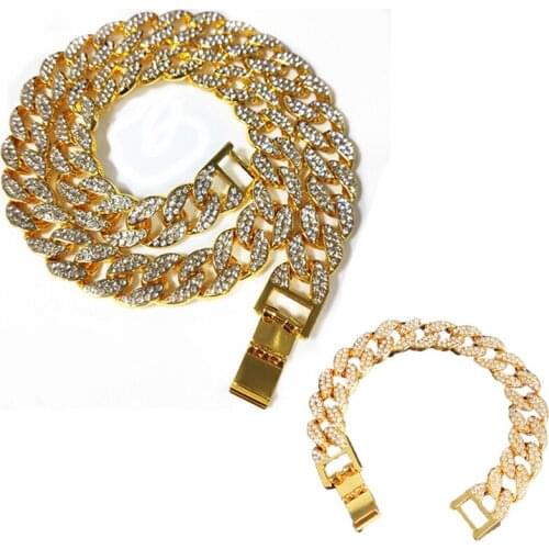 Hip Hop Iced Out 2pcs Kit Paved Rhinestones Miami Cuban 15MM Chain CZ Bling Rapper Necklaces For Man Women Jewelry