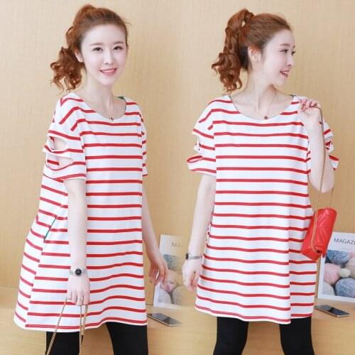 2880# Maternity Dress Summer Stripe Cotton Short Sleeves Loose Stylish Dress Pregnant Women Mom Tops