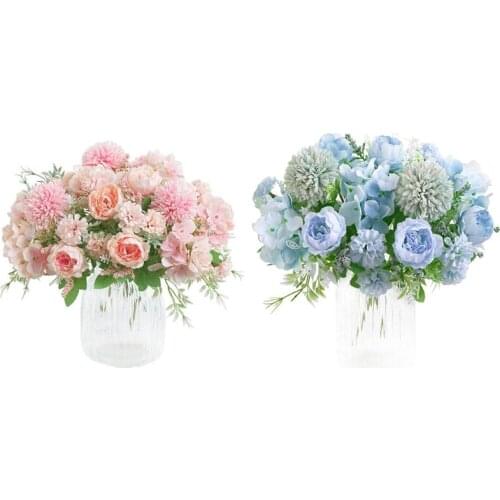 4Pcs Artificial Flowers, Fake Peony Silk Hydrangea Bouquet Decor Plastic Carnations Decoration - 2Pcs Blue & 2Pcs Pink