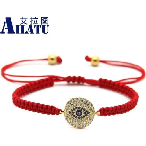 Ailatu Wholesale 10pcs/lot Red Braided CZ Pave Eye Macrame Bracelet For Men & Girls Jewelry