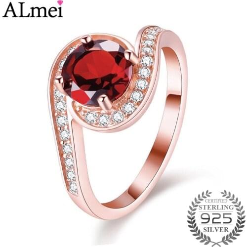 Almei Red Garnet Tested Silver 925 Wedding Rings Rose Gold Color Finger Jewelry Accessary for Women with Gift Box 40% FJ025