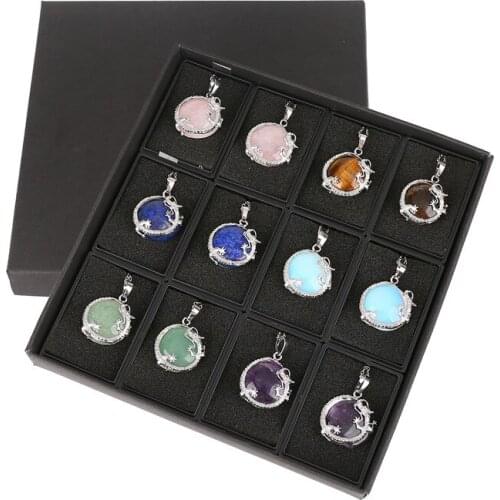 ASHMITA 12pc Natural Stone Rose 3D Dragon Pendant Round Ball Tiger Eye Malachite Quartz For Necklace