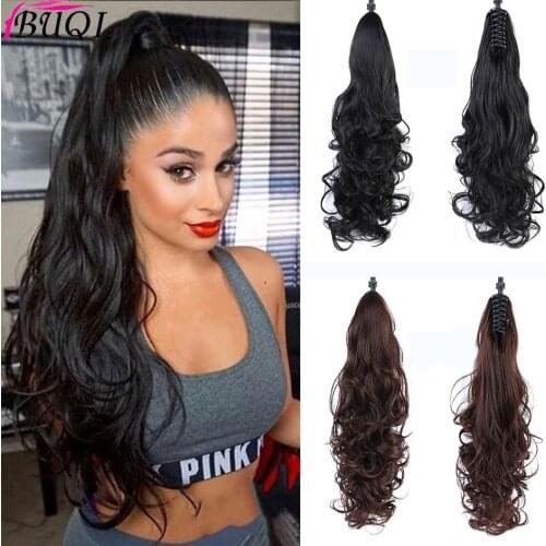 BUQI 24" Long Wavy Wrap with Clip In Ponytail Hair Extension Heat Resistant Synthetic Natural Wave Pony Tail Fake Hair