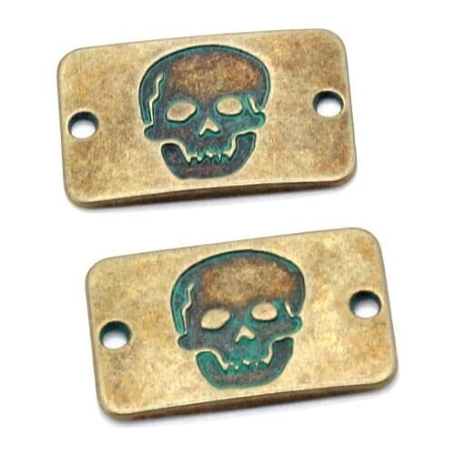 FERVENT 50pcs/lot 27x16mm Antique Green Bronze Connectors Accessoris Skull Pattern Beads Fit Jewelry Making PJ291