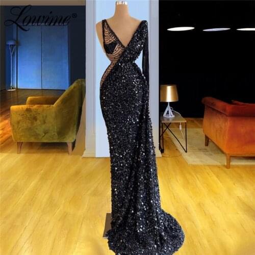Lowime Hot Sexy Black Long Prom Dresses Mermaid Beading Party Gowns African Evening Dress Custom Made Single Sleeve Evening Wear