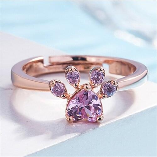 Cute Cats Paw Crystal Engagement Animal Design Hot Sale Rings For Women Pink Zircon Cubic Elegant Rings Female Wedding Jewelry