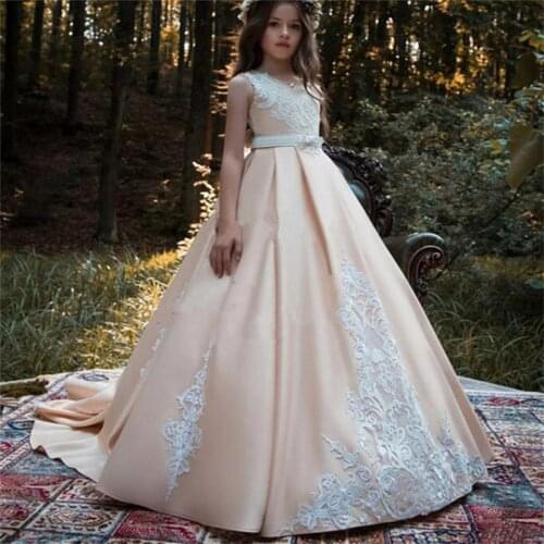 Fashion Satin Flower Girl Dresses Sleeveless Lace Applique Princess Wedding Birthday Party Girls Pageant Holy Communion Dresses