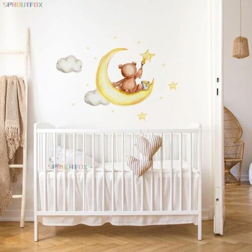 Cute Animals Wall Stickers for Kids Rooms Bear Draw Stars Moon Sticker Baby Boy Bedroom Nursery Home Decoration