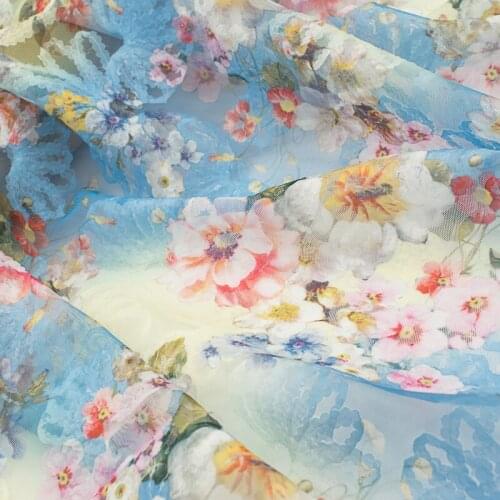 Sky Blue Mesh Disk Flower Lace Fabric For Dress Tissus Au MÈTre Telas Por Metro Ткань Для Шитья Tela Sewing Tissu Tecido Dresses