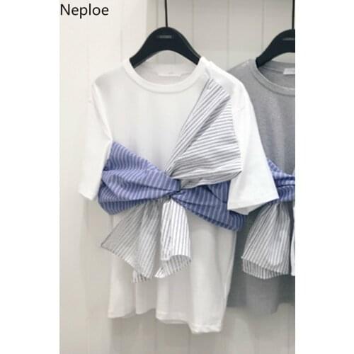 Neploe 2021 New Summer Striped Patchwork T-shirt Women Short Sleeve Loose Round Neck Tees Casual Fashion Bow Cotton Top 1B557