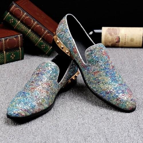 Newest Men Sequined Glitter Shoes Slip-on Loafers Gold Studs Embellished Casual Dress Shoes
