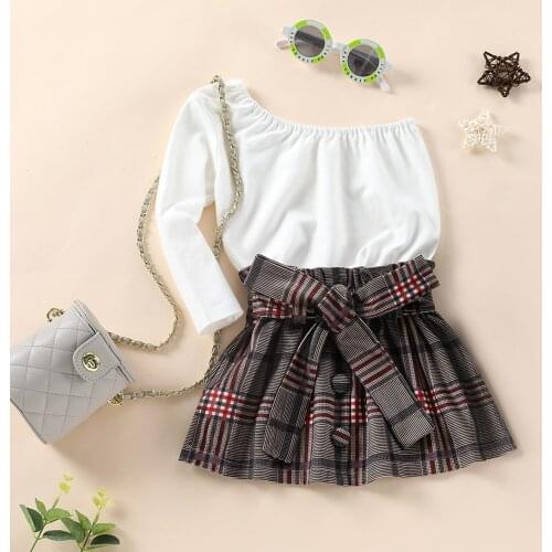 Citgeett Autumn Kids Girls Outfits Suit Fashion One-shoulder Long Sleeve Tops and Plaid Bandage Short Skirt Spring Clothes