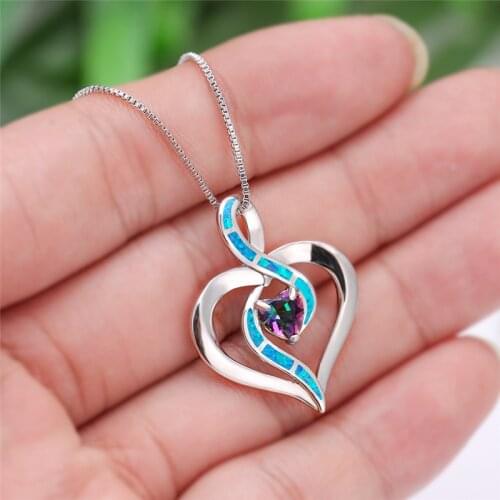 Rainbow Crystal Heart Pendant Necklace Cute Female White Blue Opal Chain Necklace Charm Silver Color Wedding Necklaces For Women