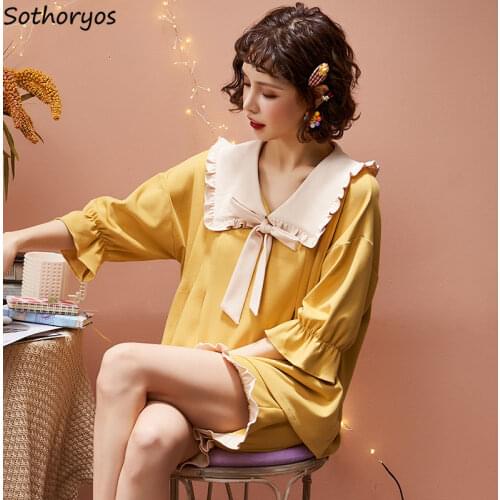 Pajamas Sets Women Peter Pan Collar Bow Ruffled Printed Princess Sweet Loose Sleepwear Patchwork Leisure Student Fashion Soft